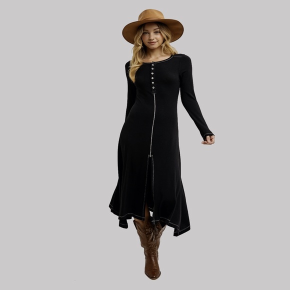 New! by BluIvy Button Down Front Slit Flared Long sleeved Midi Dress Szs S-M-L - Picture 16 of 16
